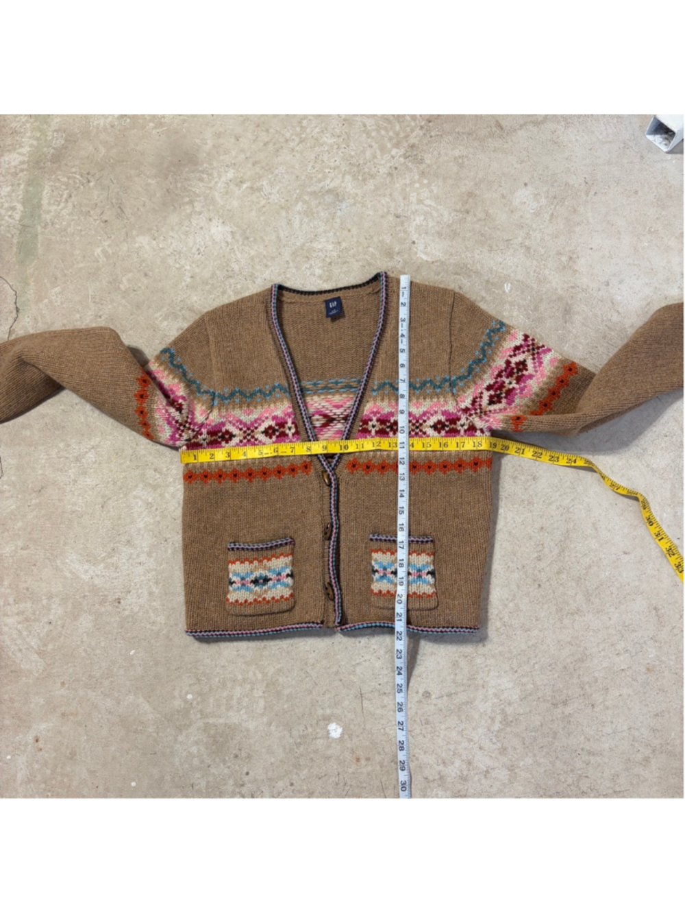 GAP Brown Fair Isle Lambswool Cardigan Women’s Large Button Front V-Neck Pockets - Picture 5 of 12
